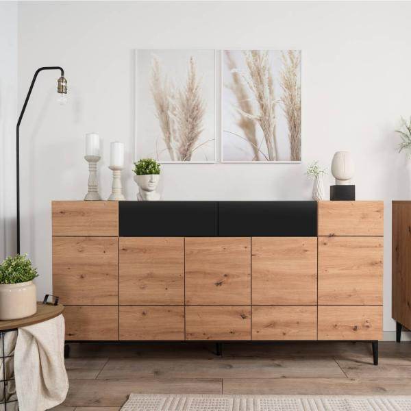Sideboard Kommode Eiche Holz in Natur Schwarz Wohnzimmerschrank - Palo24
