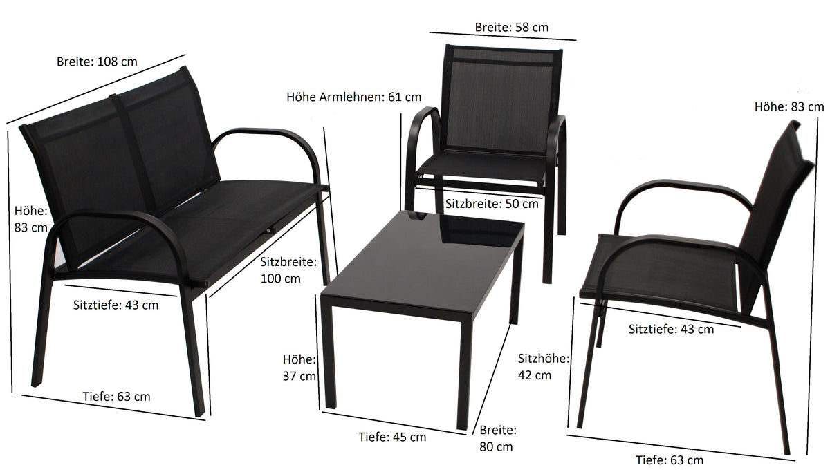 Lounge Set Sitzgruppe ARONA 4-teilig, Metall + Kunstgewebe schwarz
