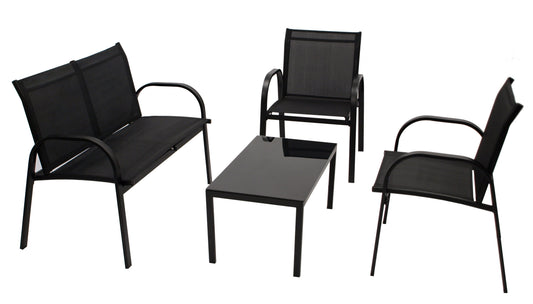 Lounge Set gruppo di sedute ARONA 4 pezzi, metallo + tessuto sintetico nero
