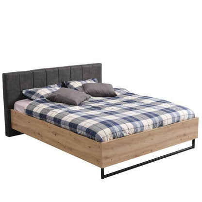 Doppelbett Holzbett Polsterbett 160x200 cm Eiche Stoff Grau Bettgestell Industrial Style - Palo24