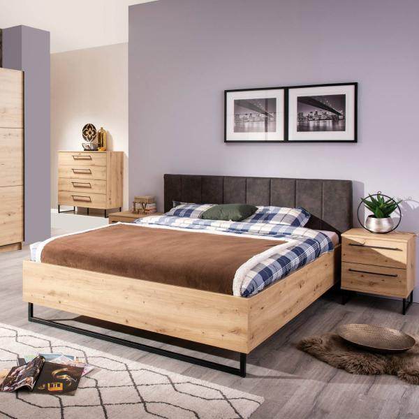 Doppelbett Holzbett Polsterbett 160x200 cm Eiche Stoff Grau Bettgestell Industrial Style - Palo24