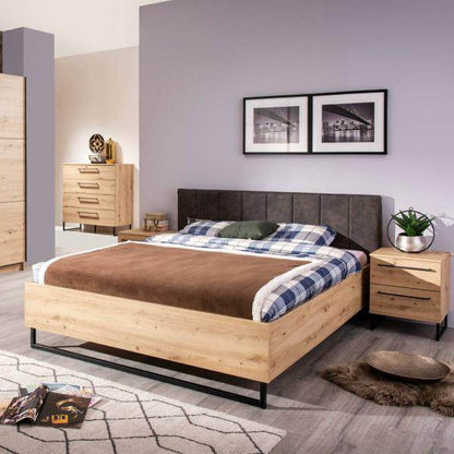Doppelbett Holzbett Polsterbett 160x200 cm Eiche Stoff Grau Bettgestell Industrial Style - Palo24
