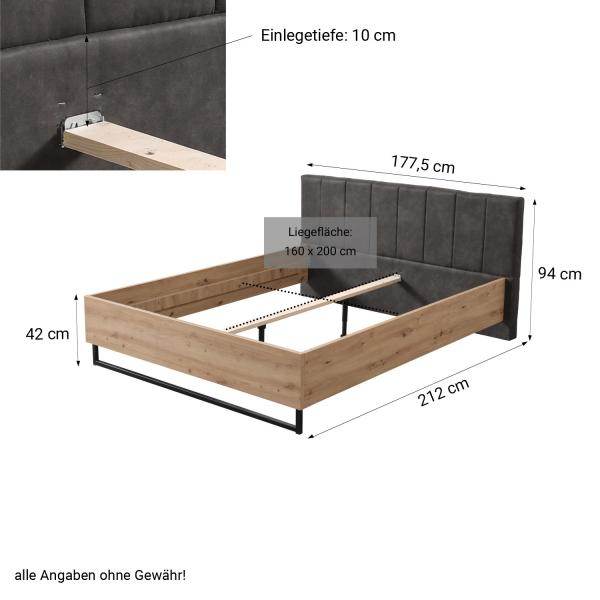 Doppelbett Holzbett Polsterbett 160x200 cm Eiche Stoff Grau Bettgestell Industrial Style - Palo24