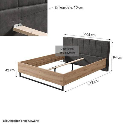 Doppelbett Holzbett Polsterbett 160x200 cm Eiche Stoff Grau Bettgestell Industrial Style - Palo24
