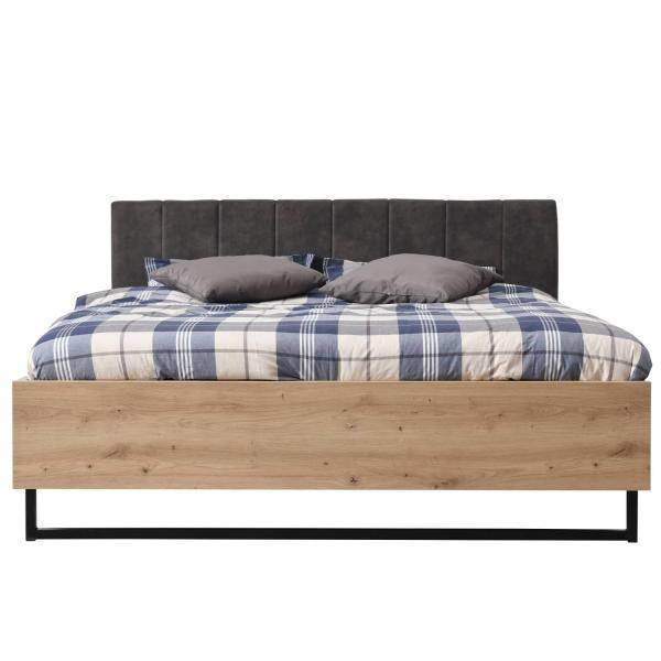 Doppelbett Holzbett Polsterbett 160x200 cm Eiche Stoff Grau Bettgestell Industrial Style - Palo24