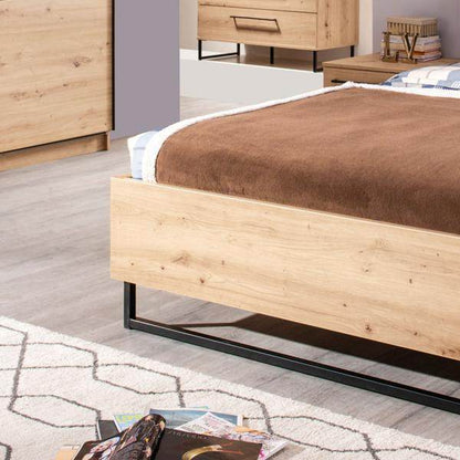 Doppelbett Holzbett Polsterbett 160x200 cm Eiche Stoff Grau Bettgestell Industrial Style - Palo24