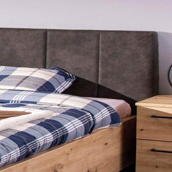Doppelbett Holzbett Polsterbett 160x200 cm Eiche Stoff Grau Bettgestell Industrial Style - Palo24