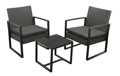 MALTA set da 3 pezzi, metallo nero e polyrattan nero, con cuscini