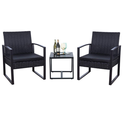 MALTA set da 3 pezzi, metallo nero e polyrattan nero, con cuscini