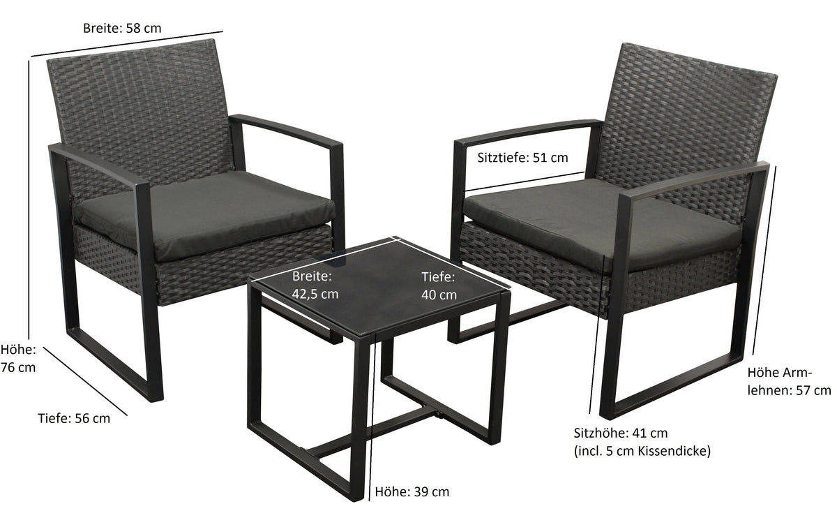 MALTA set da 3 pezzi, metallo nero e polyrattan nero, con cuscini