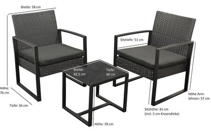 MALTA set da 3 pezzi, metallo nero e polyrattan nero, con cuscini