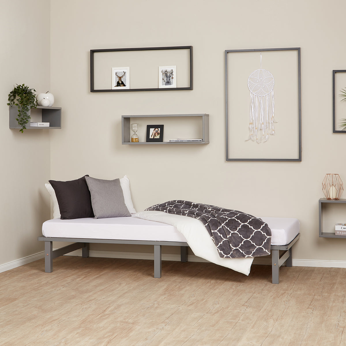 Palettenbett 90x200 cm Grau | Einzelbett | mit Lattenrost | Holz | Kind Jugend Gast