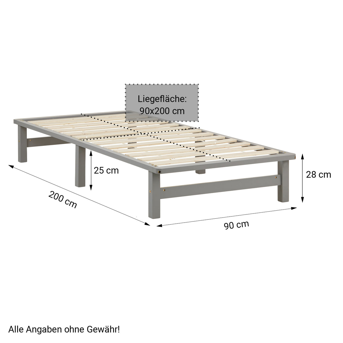 Palettenbett 90x200 cm Grau | Einzelbett | mit Lattenrost | Holz | Kind Jugend Gast