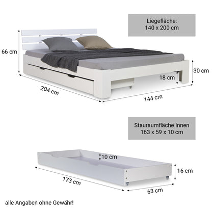Holzbett 140x200 cm Weiss | Doppelbett mit Bettkasten | mit Lattenrost | massiv | Kind Jugend Gast