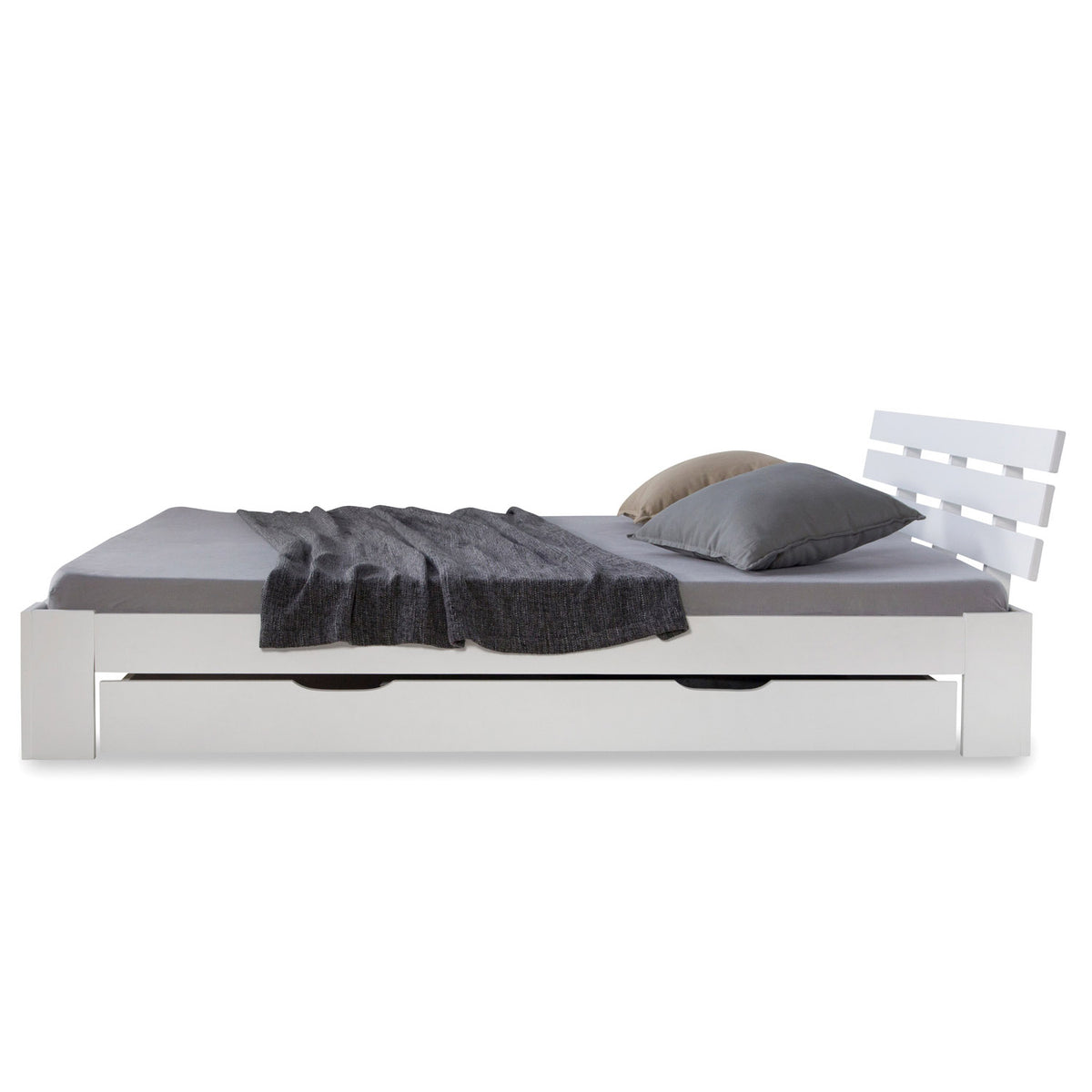 Holzbett 140x200 cm Weiss | Doppelbett mit Bettkasten | mit Lattenrost | massiv | Kind Jugend Gast