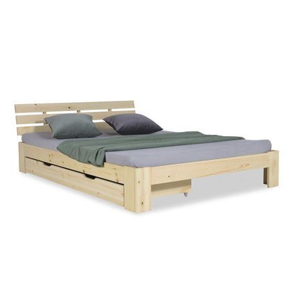 Holzbett 140x200 cm Natur | Doppelbett mit Bettkasten | mit Lattenrost | massiv | Kind Jugend Gast