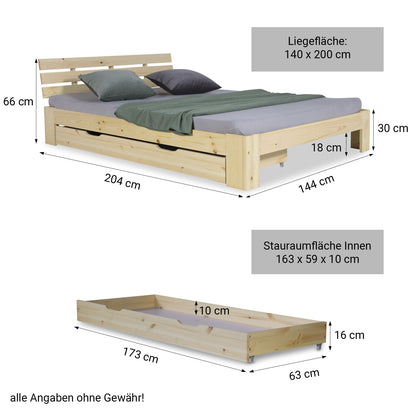 Holzbett 140x200 cm Natur | Doppelbett mit Bettkasten | mit Lattenrost | massiv | Kind Jugend Gast