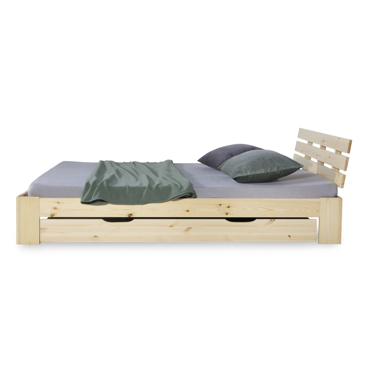 Holzbett 140x200 cm Natur | Doppelbett mit Bettkasten | mit Lattenrost | massiv | Kind Jugend Gast