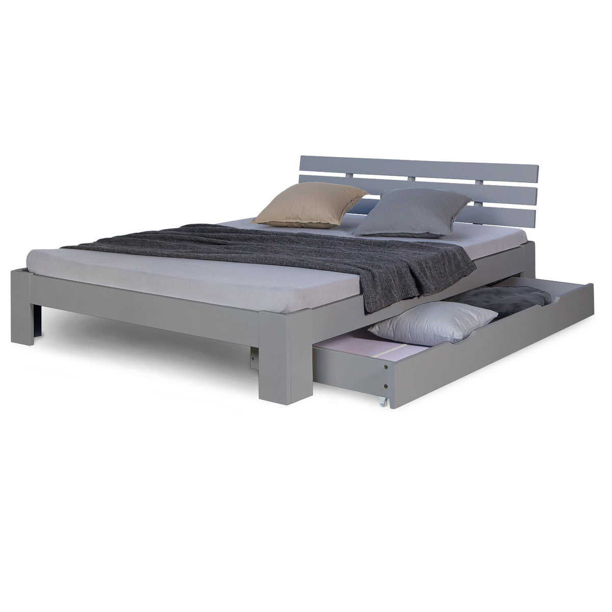 Holzbett 140x200 cm Grau | Doppelbett mit Bettkasten | mit Lattenrost | massiv | Kind Jugend Gast