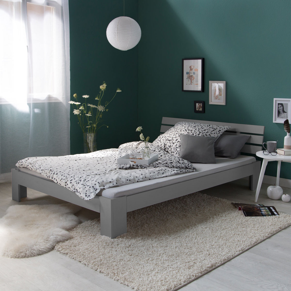 Holzbett 140x200 cm Grau | Doppelbett mit Bettkasten | mit Lattenrost | massiv | Kind Jugend Gast