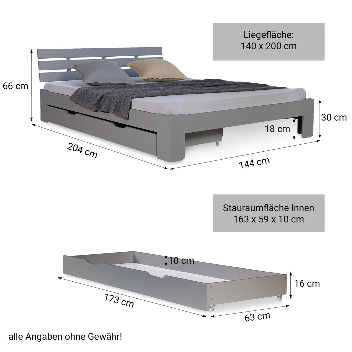 Holzbett 140x200 cm Grau | Doppelbett mit Bettkasten | mit Lattenrost | massiv | Kind Jugend Gast