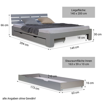 Holzbett 140x200 cm Grau | Doppelbett mit Bettkasten | mit Lattenrost | massiv | Kind Jugend Gast