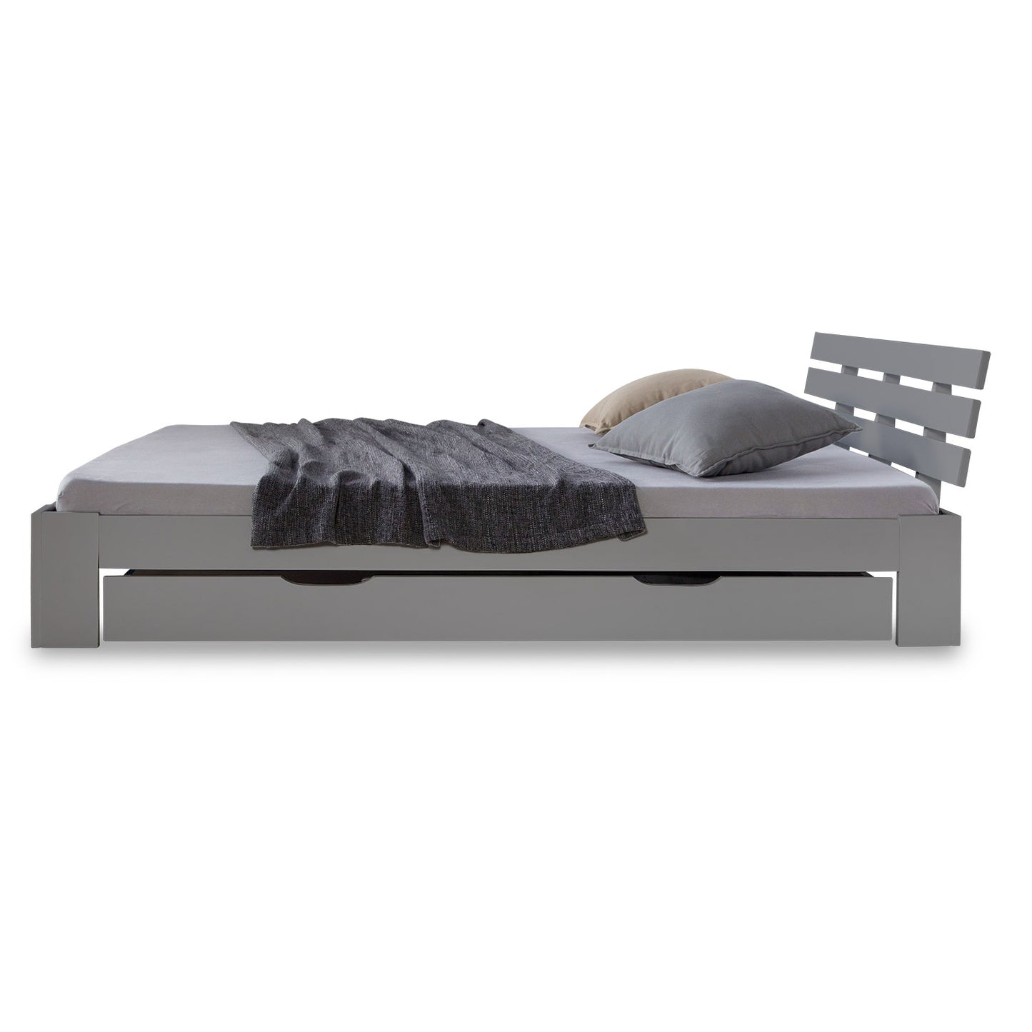 Holzbett 140x200 cm Grau | Doppelbett mit Bettkasten | mit Lattenrost | massiv | Kind Jugend Gast