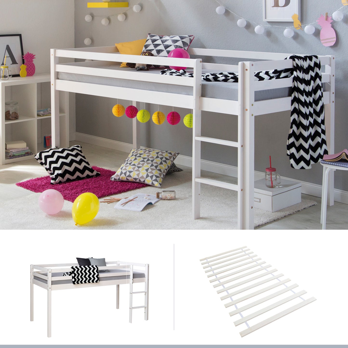 Hochbett Kinder 90x200 cm Weiss Basic | mit Lattenrost