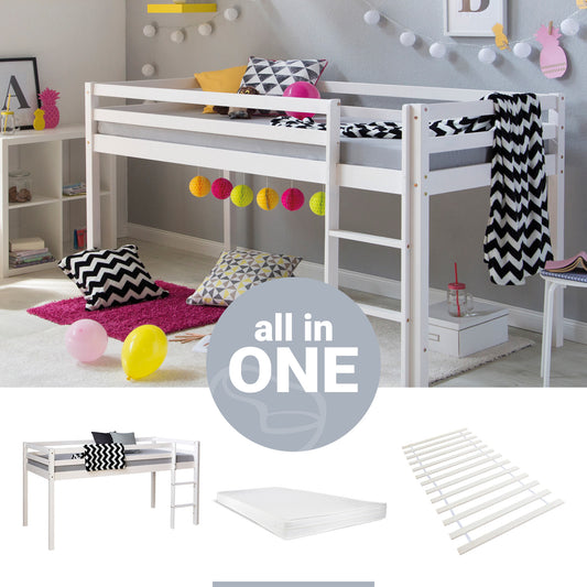 Hochbett mit Matratze Lattenrost 90x200 cm Kinderbett Weiss Massiv Stockbett