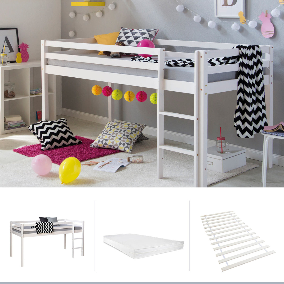 Kinderbett 90x200 Weiss | Bodenbett mit Lattenrost | mit Rausfallschutz | Montessori