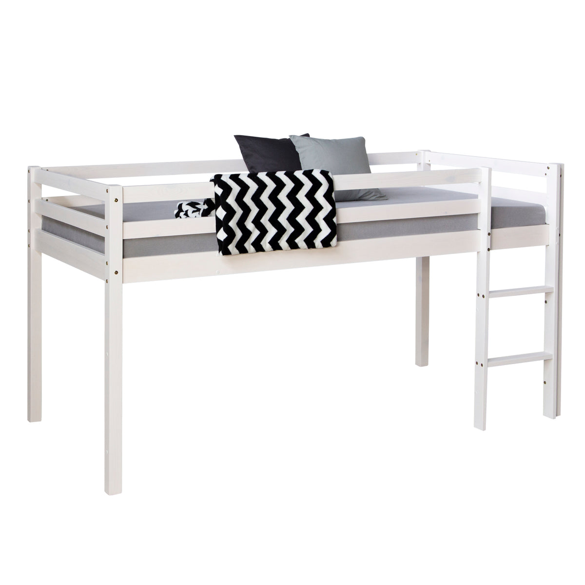 Kinderbett 90x200 Weiss | Bodenbett mit Lattenrost | mit Rausfallschutz | Montessori