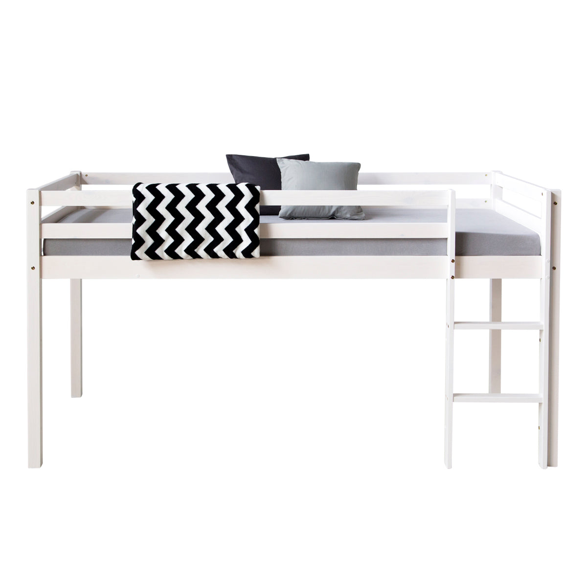 Kinderbett 90x200 Weiss | Bodenbett mit Lattenrost | mit Rausfallschutz | Montessori