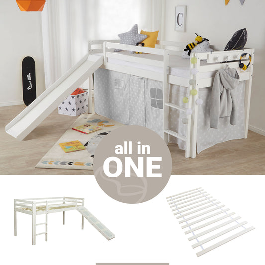 Hochbett Kinder 90x200 cm Weiss Basic | Rutsche | mit Lattenrost | ohne Vorhänge