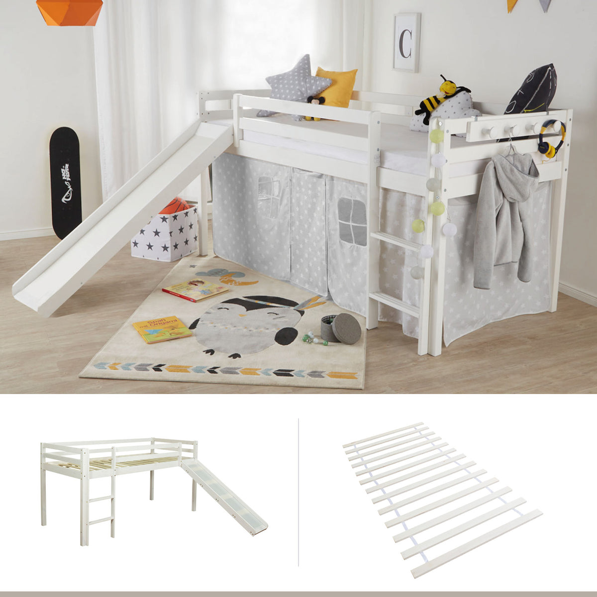 Hochbett Kinder 90x200 cm Weiss Basic | Rutsche | mit Lattenrost | ohne Vorhänge