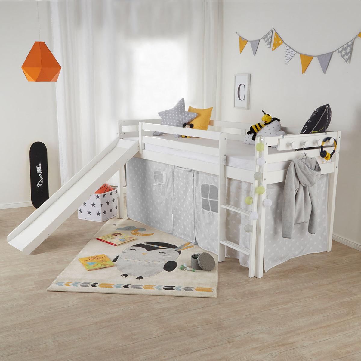 Hochbett Kinder 90x200 cm Weiss Basic | Rutsche | mit Lattenrost | ohne Vorhänge