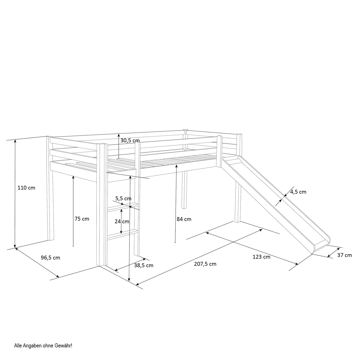 Hochbett Kinder 90x200 cm Weiss Basic | Rutsche | mit Lattenrost | ohne Vorhänge