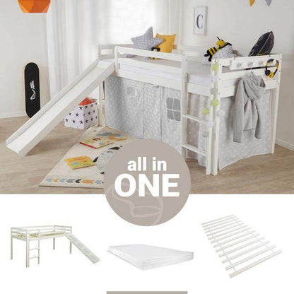 Hochbett Spielbett Kinderbett 90x200 cm Lattenrost Matratze Leiter Rutsche Weiss Holz Massiv - Palo24