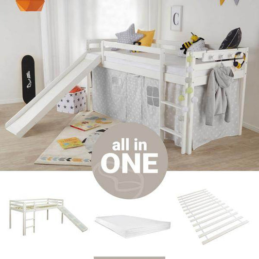 Hochbett Spielbett Kinderbett 90x200 cm Lattenrost Matratze Leiter Rutsche Weiss Holz Massiv - Palo24