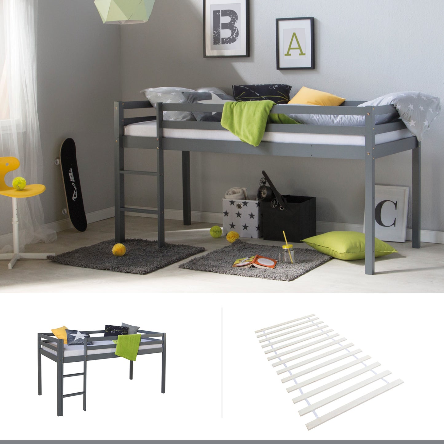 Hochbett Kinder 90x200 cm Grau Basic | mit Lattenrost