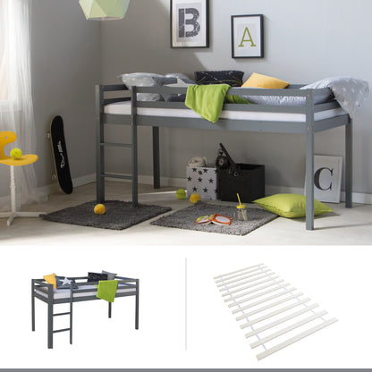 Hochbett Kinder 90x200 cm Grau Basic | mit Lattenrost