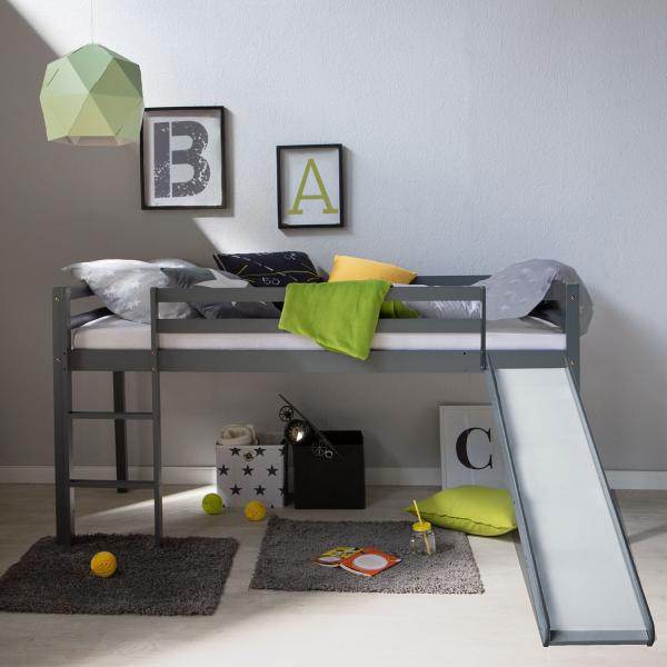 Hochbett mit Matratze Lattenrost Rutsche 90x200 cm Kinderbett Grau Massiv Spielbett Stockbett - Palo24