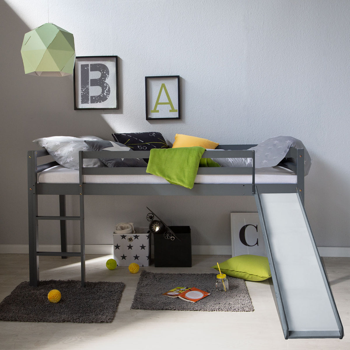 Hochbett Kinder 90x200 cm Grau Basic | Rutsche | mit Lattenrost