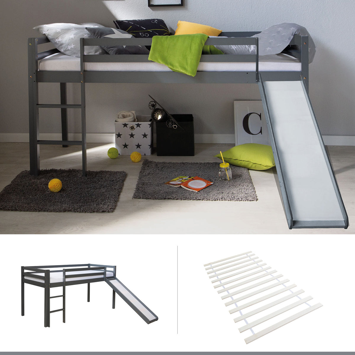 Hochbett Kinder 90x200 cm Grau Basic | Rutsche | mit Lattenrost