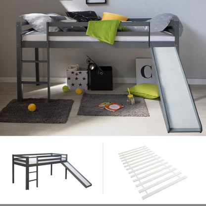 Hochbett Kinder 90x200 cm Grau Basic | Rutsche | mit Lattenrost
