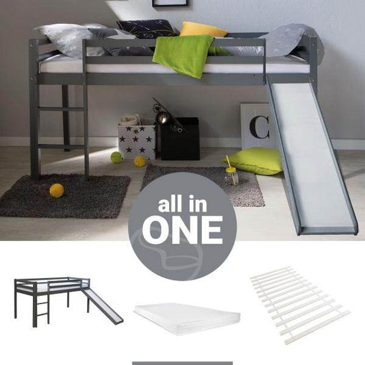 Hochbett mit Matratze Lattenrost Rutsche 90x200 cm Kinderbett Grau Massiv Spielbett Stockbett - Palo24