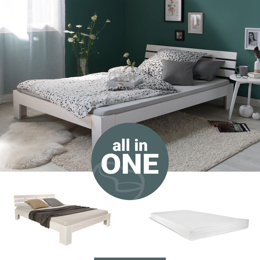 Holzbett mit Matratze und Lattenrost 140x200 Bett Weiss