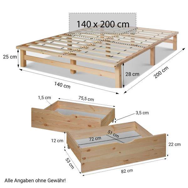 Palettenbett 140x200 cm mit Bettkasten 2er Set Lattenrost Holzbett Natur - Palo24