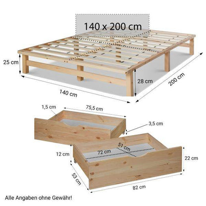 Palettenbett 140x200 cm mit Bettkasten 2er Set Lattenrost Holzbett Natur - Palo24