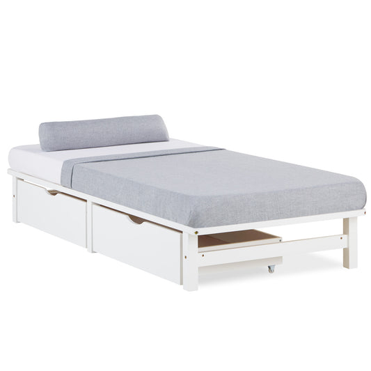 Palettenbett 90x200 cm Weiss | Einzelbett mit Bettkästen | mit Lattenrost | Holz | Kind Jugend Gast