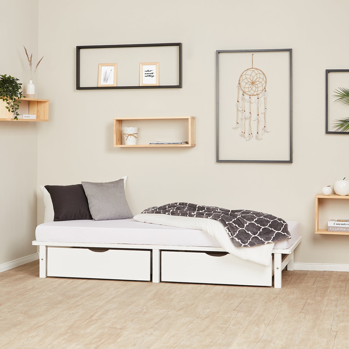 Palettenbett 90x200 cm Weiss | Einzelbett mit Bettkästen | mit Lattenrost | Holz | Kind Jugend Gast